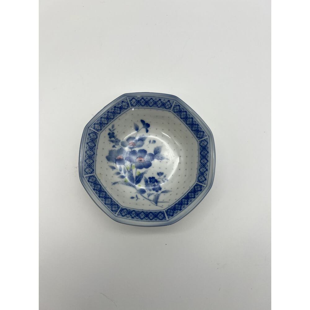 Vintage Small Japan Blue w/Pink Floral Flowers Ceramic Pottery Bowl Dish Decor
